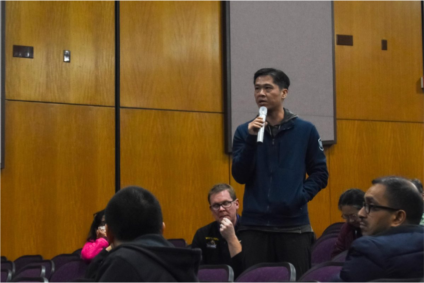 Jason Lin speaking at an FUHSD trustee-area community meeting