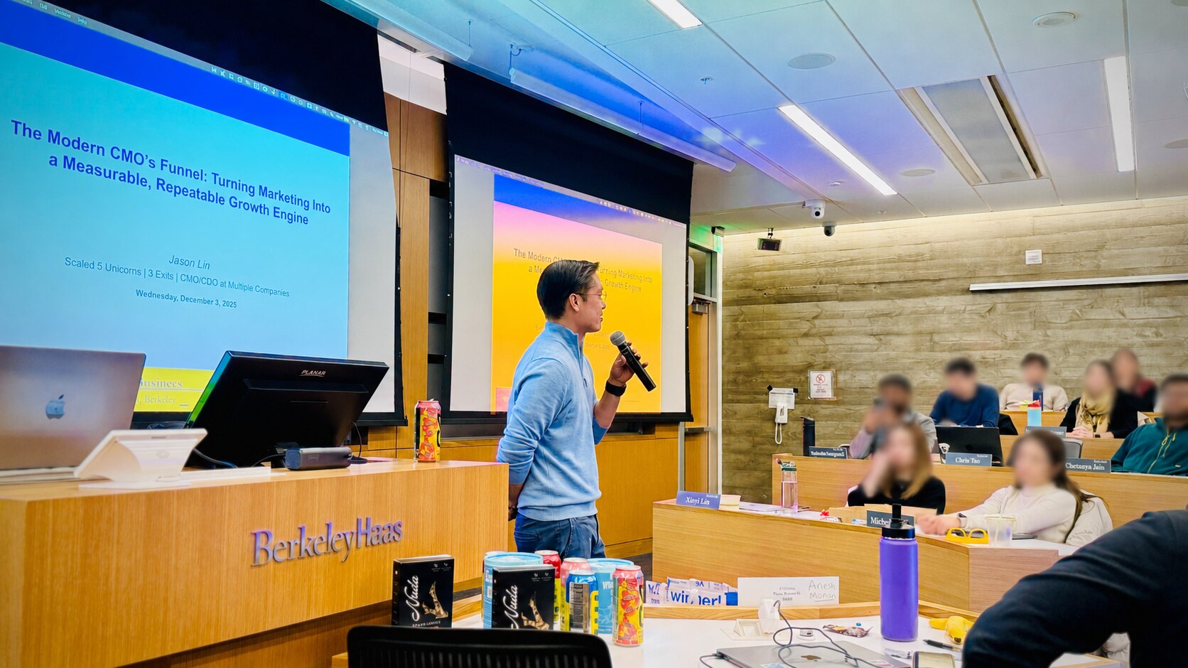 Jason Lin guest lecturing at UC Berkeley Haas School of Business; student faces blurred for privacy